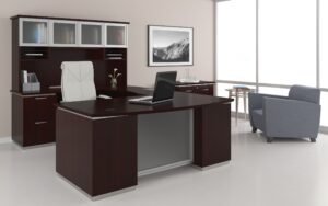 Office Star Tuxedo TYP12G U-Shaped Desk with Glass Door Hutch, 72" x 114"